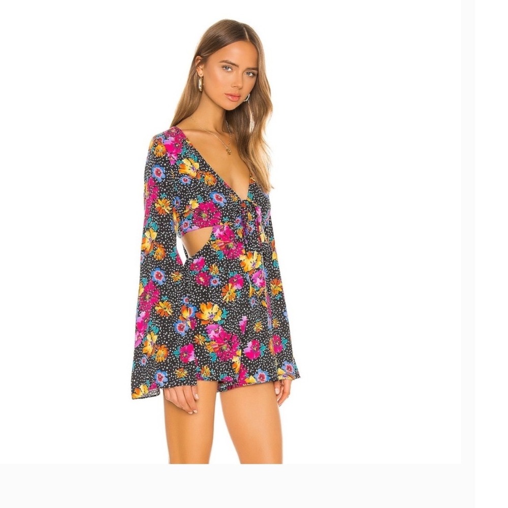 Majorelle Floral Polka Dot Cut Out Bell Sleeve Romper Black Multi Size S